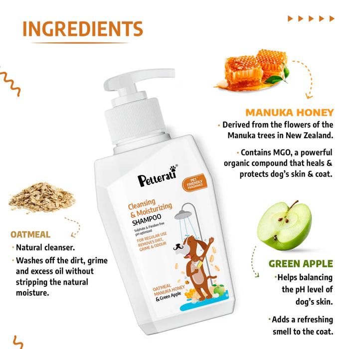 Petterati Cleansing & Moisturising Dog Shampoo with Oatmeal and Manuka Honey, 400ml | Sulphate & Paraben-Free | Vet Recommended