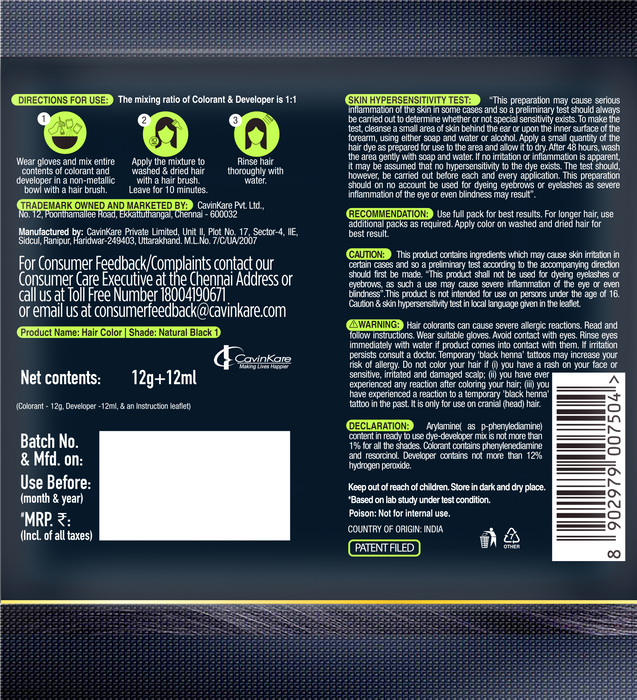 Indica Crème 10 Minutes Hair Color, Natural Black (12g + 12ml) | 100% Grey Coverage | Ammonia-Free | Long Lasting Colour | Enriched with Walnut Oil &amp; Silk Proteins (Pack of 12)