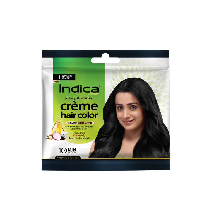 Indica Crème 10 Minutes Hair Color, Natural Black (20g + 20ml) | 100% Grey Coverage | Ammonia-Free | Long Lasting Colour | Enriched with Walnut Oil &amp; Silk Proteins (Pack of 10)