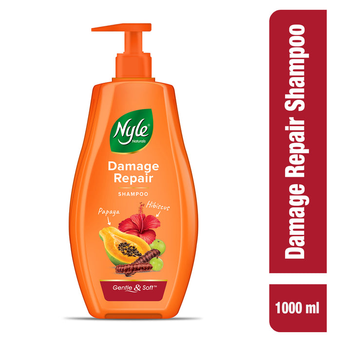 Nyle Naturals Damage Repair Shampoo | Hair Repair Shampoo | With Papaya, Hibiscus and Shikakai | Gentle & Soft Formulation For Men & Women, 1L
