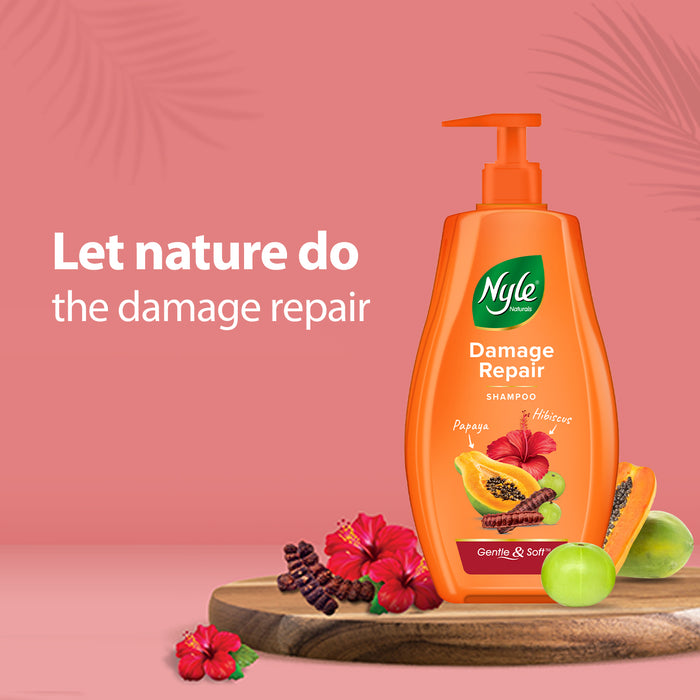 Nyle Naturals Damage Repair Shampoo | Hair Repair Shampoo | With Papaya, Hibiscus and Shikakai | Gentle & Soft Formulation For Men & Women, 800ml