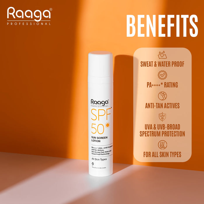 Raaga Professional Sunscreen Lotion SPF 50, 55ml | PA++++ | Broad-Spectrum UVA & UVB Protection | Non-Greasy, Sweatproof & Waterproof