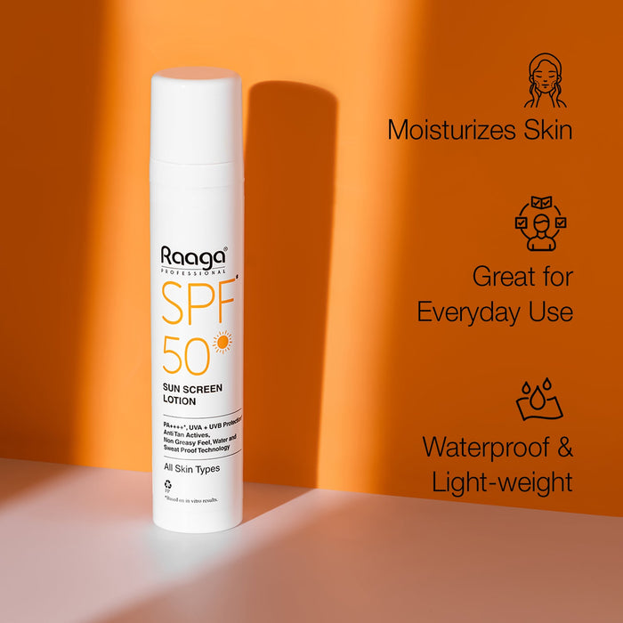 Raaga Professional Sunscreen Lotion SPF 50, 55ml | PA++++ | Broad-Spectrum UVA & UVB Protection | Non-Greasy, Sweatproof & Waterproof