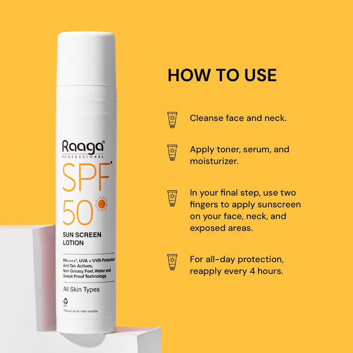 Raaga Professional Sunscreen Lotion SPF 50, 55ml | PA++++ | Broad-Spectrum UVA & UVB Protection | Non-Greasy, Sweatproof & Waterproof