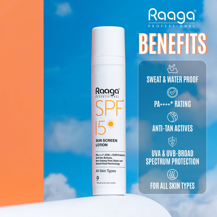 Raaga Professional Sunscreen Lotion SPF 15, 55ml | PA++++ | UVA & UVB Protection | Non-Greasy, Sweatproof, Waterproof Formula