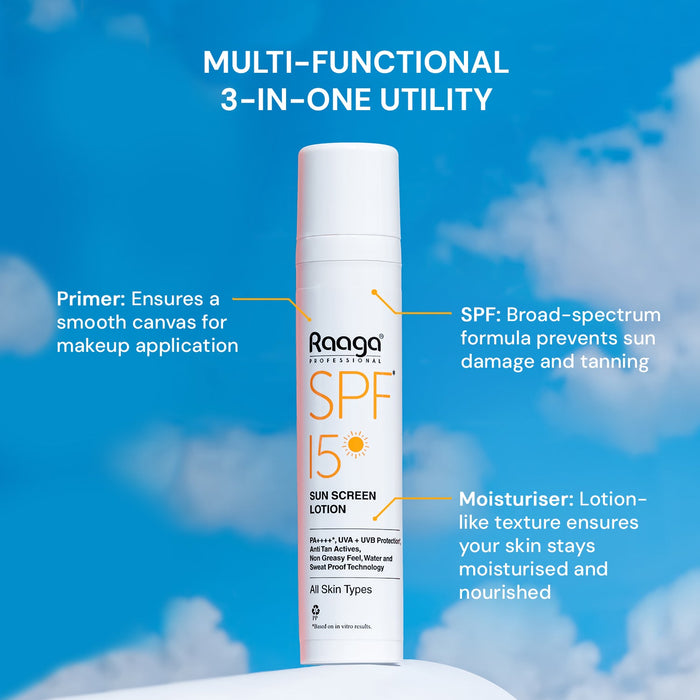 Raaga Professional Sunscreen Lotion SPF 15, 55ml | PA++++ | UVA & UVB Protection | Non-Greasy, Sweatproof, Waterproof Formula