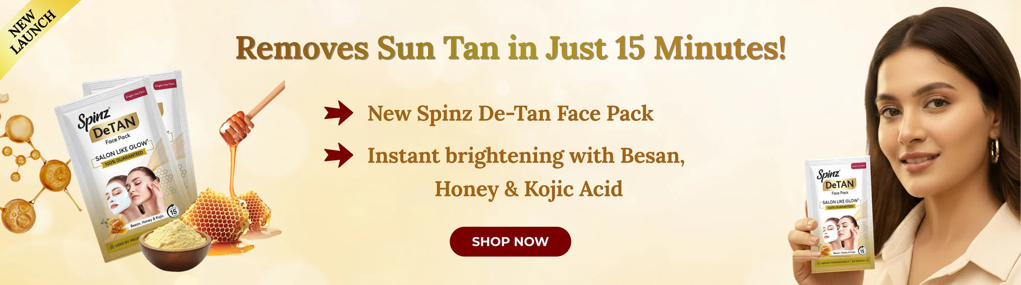 Spinz De-Tan Face Pack removes sun tan in 15 minutes with besan, honey & kojic acid promotional banner.