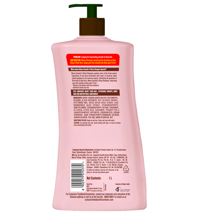 Meera Smooth & Shiny Shampoo with Rice Kanji & Aloe Vera, 1L| Up to 72H Smoothness & Shine | For Men & Women