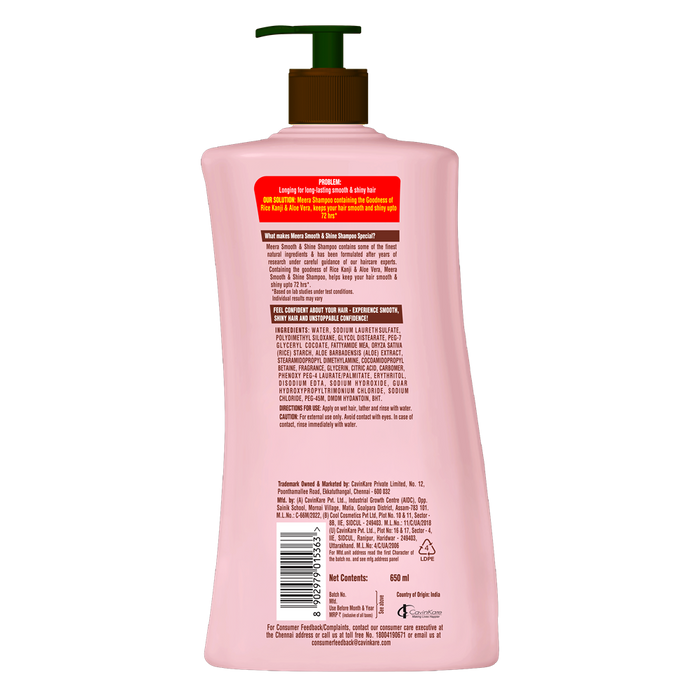 Meera Smooth & Shiny Shampoo with Rice Kanji & Aloe Vera, 650ml | Up to 72H Smoothness & Shine | For Men & Women