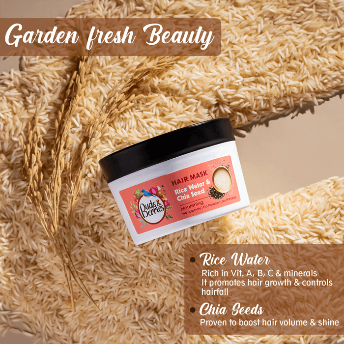 Buds & Berries Rice Water and Chia Seeds Nourishing Hair Mask | Strengthens & Nourishes Hair | 120 Hours of Conditioning | NO Sulphate, NO Paraben | 200ml - Cavinkart
