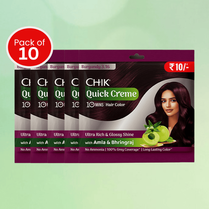 Chik Quick Crème Hair Color 24 gm | Burgundy | Ammonia Free Hair Color (Pack of 10) - Cavinkart