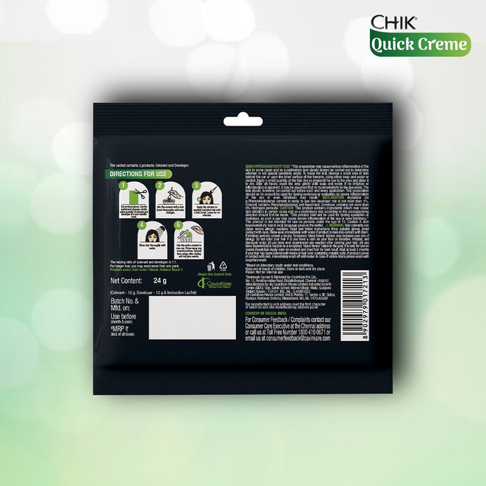 Chik Quick Crème Hair Color 24 gm | Natural Black | Ammonia Free Hair Color (Pack of 5) - Cavinkart
