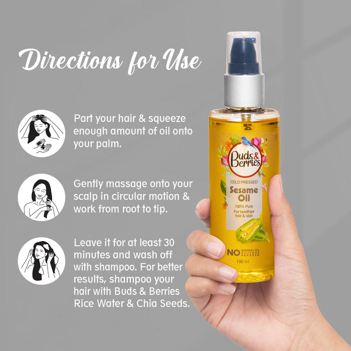 Cold Pressed Sesame Oil for long lasting conditioning |NO Mineral Oil, NO Silicone, - 100 ml - Buds&Berries