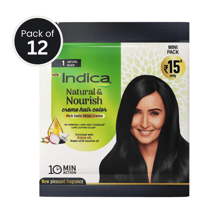 Indica Crème 10 Minutes Hair Color, Natural Black (12g + 12ml) | 100% Grey Coverage | Ammonia - Free | Long Lasting Colour | Enriched with Walnut Oil &amp; Silk Proteins (Pack of 12) - Cavinkart