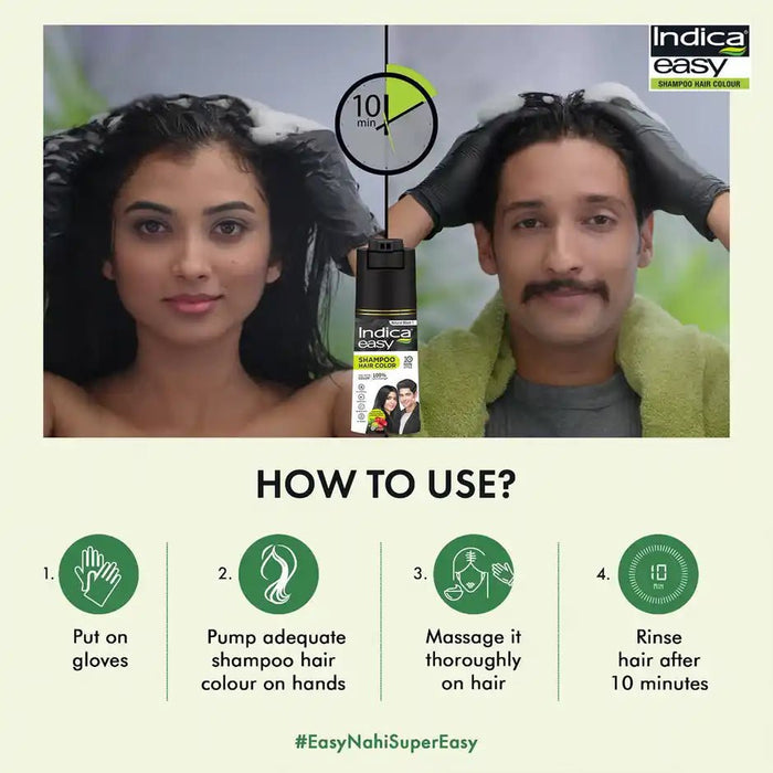 Indica Easy Do - It - Yourself Hair Color Shampoo Pump Pack with 5 Herbal Extracts and 100% Ammonia Free, Long Lasting Formula, 180 ML - Natural Black Colour - Cavinkart