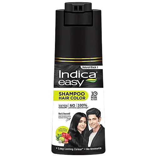 Indica Easy Do - It - Yourself Hair Color Shampoo Pump Pack with 5 Herbal Extracts and 100% Ammonia Free, Long Lasting Formula, 180 ML - Natural Black Colour - Cavinkart