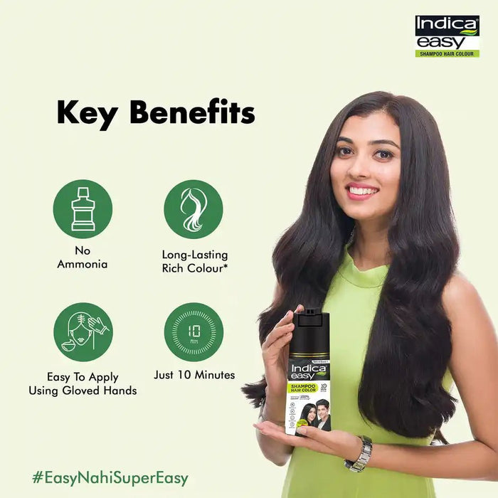 Indica Easy Do - It - Yourself Hair Color Shampoo Pump Pack with 5 Herbal Extracts and 100% Ammonia Free, Long Lasting Formula, 180 ML - Natural Black Colour - Cavinkart