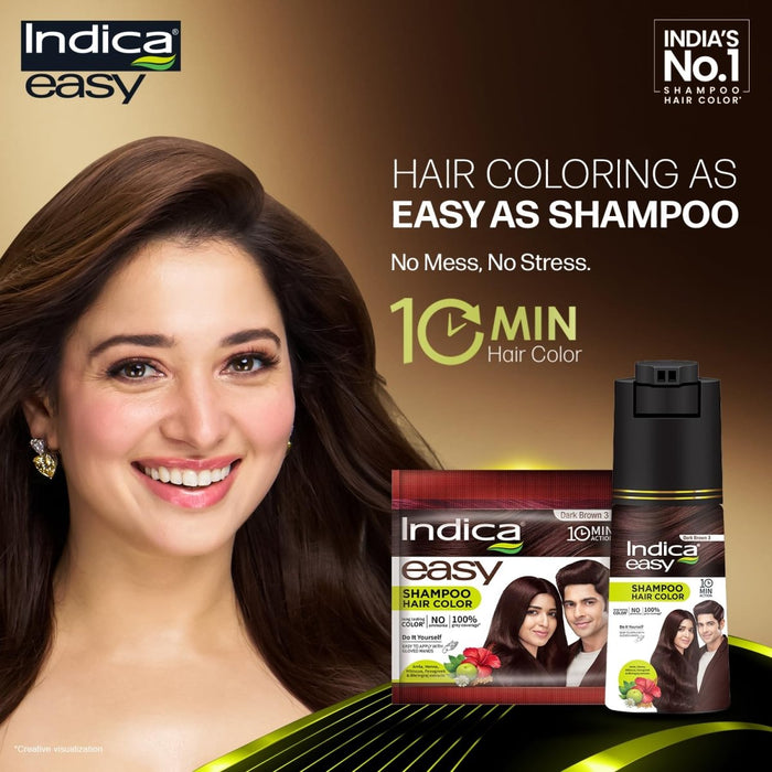 Indica Easy Do - It - Yourself Hair Color Shampoo Pump Pack with 5 Herbal Extracts and 100% Ammonia Free, Long Lasting Formula, 180 ML - Natural Brown Colour - Cavinkart