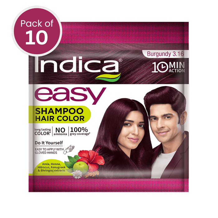 Indica Easy Hair Colour – Burgundy 10 ml | No Ammonia | Enriched with Amla, Henna, Bhringraj, Hibiscus | Covers Grey in 10 Minutes | For Men & Women (Pack of 10) - Cavinkart