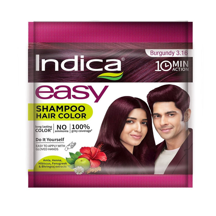 Indica Easy Hair Colour – Burgundy 10 ml | No Ammonia | Enriched with Amla, Henna, Bhringraj, Hibiscus | Covers Grey in 10 Minutes | For Men & Women (Pack of 10) - Cavinkart