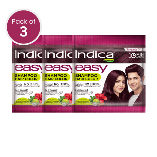 Indica Easy Hair Colour – Burgundy 12.5g + 12.5ml | No Ammonia | Enriched with Amla, Henna, Bhringraj, Hibiscus | Covers Grey in 10 Minutes | For Men & Women (Pack of 3) - Cavinkart