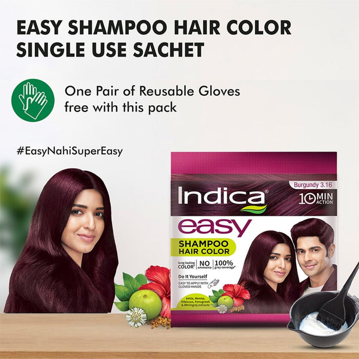 Indica Easy Hair Colour – Burgundy 12.5g + 12.5ml | No Ammonia | Enriched with Amla, Henna, Bhringraj, Hibiscus | Covers Grey in 10 Minutes | For Men & Women (Pack of 3) - Cavinkart