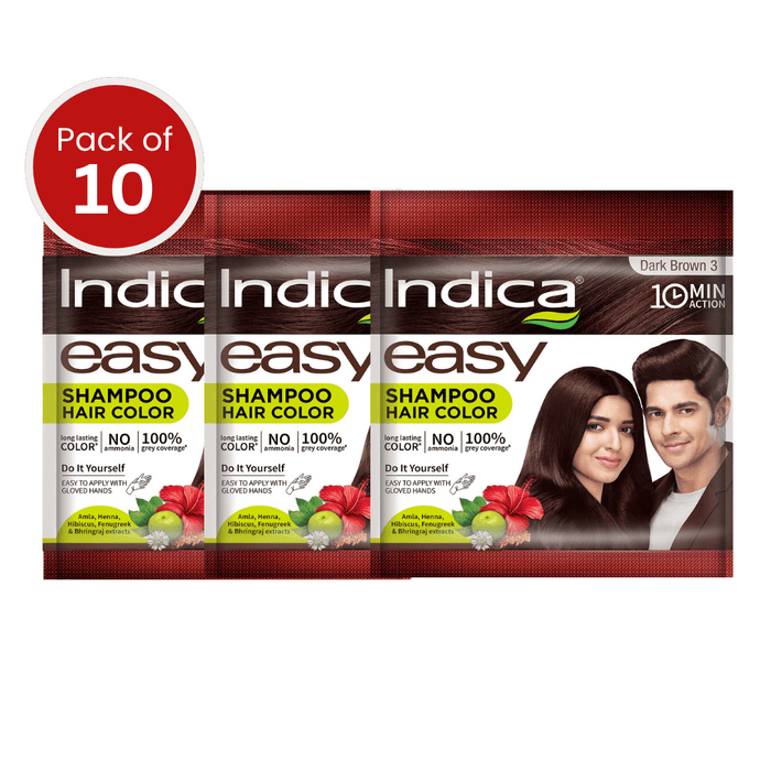 Indica Easy Hair Colour – Dark Brown, 12.5 g + 12.5 ml | No Ammonia | Enriched with Amla, Henna, Bhringraj, Hibiscus | Covers Grey in 10 Minutes | For Men & Women (Pack of 3) - Cavinkart
