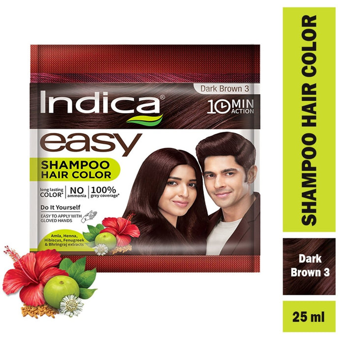 Indica Easy Hair Colour – Dark Brown, 12.5 g + 12.5 ml | No Ammonia | Enriched with Amla, Henna, Bhringraj, Hibiscus | Covers Grey in 10 Minutes | For Men & Women (Pack of 3) - Cavinkart