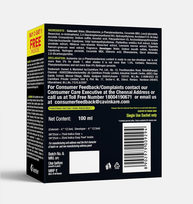 Indica Easy Hair Colour – Natural Black, 12.5g + 12.5ml | Ammonia - Free | Enriched with Amla, Henna, Bhringraj, Hibiscus | Covers Greys in 10 Minutes | For Men & Women (Buy 1 Get 1 Free) - Cavinkart