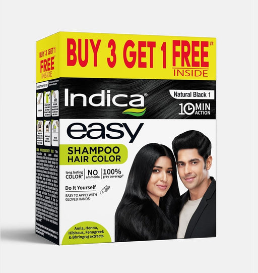 Indica Easy Hair Colour – Natural Black, 12.5g + 12.5ml | Ammonia - Free | Enriched with Amla, Henna, Bhringraj, Hibiscus | Covers Greys in 10 Minutes | For Men & Women (Buy 1 Get 1 Free) - Cavinkart