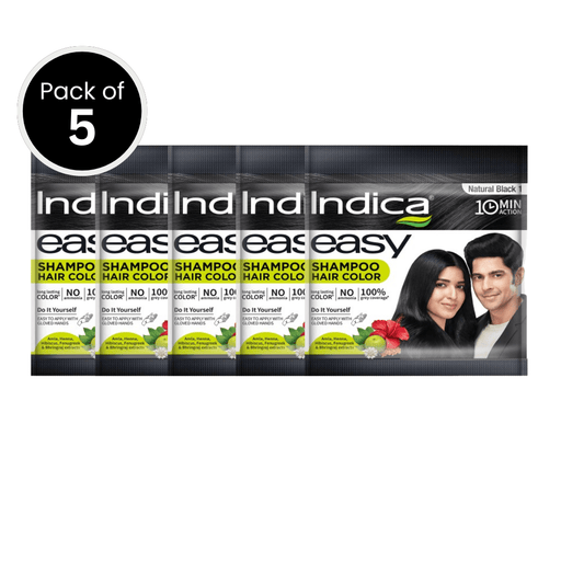 Indica Easy Hair Colour – Natural Black, 9g + 9ml | Ammonia - Free | Enriched with Amla, Henna, Bhringraj, Hibiscus | Covers Greys in 10 Minutes | For Men & Women (Pack of 5) - Cavinkart
