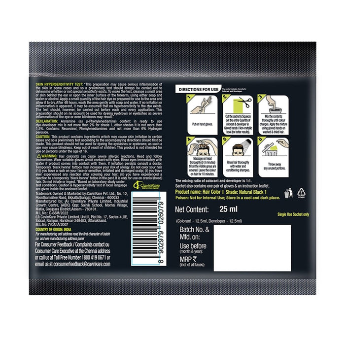 Indica Easy Hair Colour – Natural Black, 9g + 9ml | Ammonia - Free | Enriched with Amla, Henna, Bhringraj, Hibiscus | Covers Greys in 10 Minutes | For Men & Women (Pack of 5) - Cavinkart