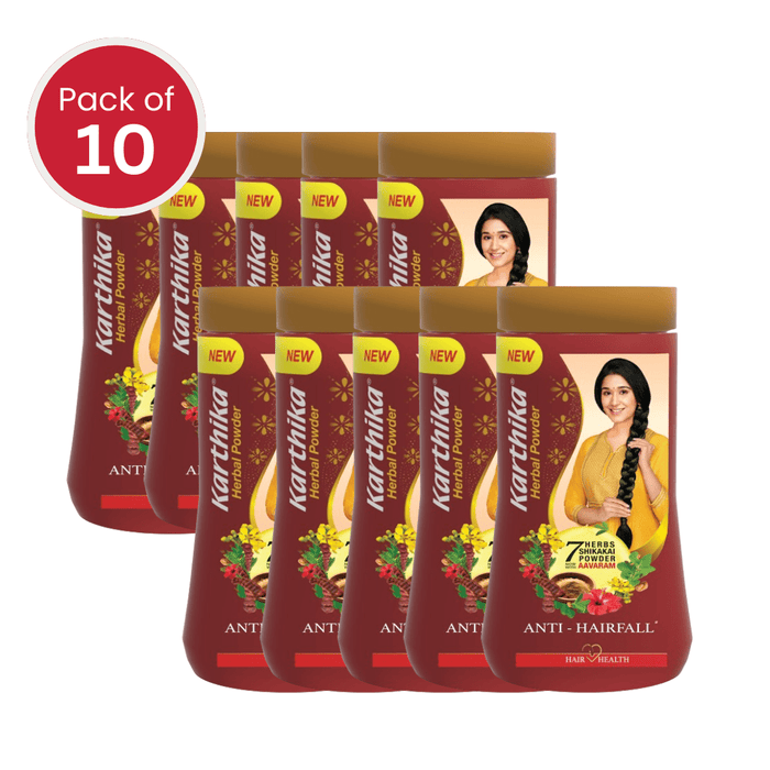 Karthika Herbal Powder, 170g | Gentle Cleanse, Promotes Hair Growth, Maintains Natural Shine | With Richness of Vitamins C and D (Pack of 10) - Cavinkart