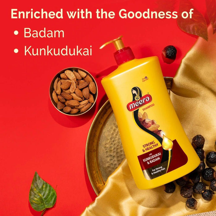 Meera Strong and Healthy Shampoo, 1L | With Goodness of Kunkudukai & Badam Gives Soft & Smooth Hair | For Men and Women, Paraben Free - Cavinkart