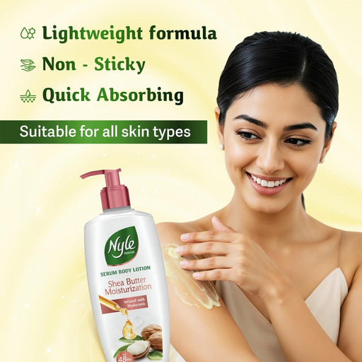 Nyle Serum Body Lotion for All Skin Types, 400 ml | With Shea Butter, Hyaluronic Acid & Vitamin B5 | 48H Moisturization | Lightweight & Non - Sticky - Cavinkart