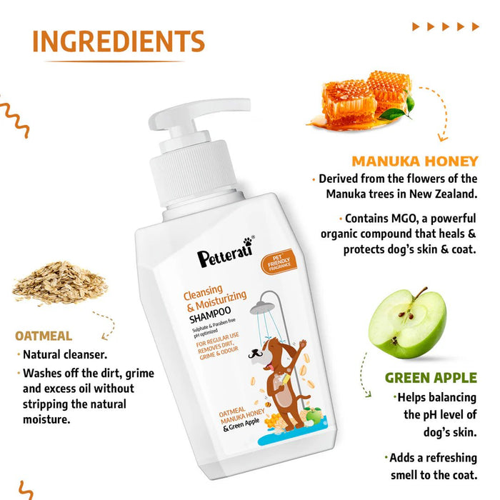Petterati Cleansing & Moisturising Dog Shampoo with Oatmeal and Manuka Honey, 400ml | Sulphate & Paraben - Free | Vet Recommended - Cavinkart