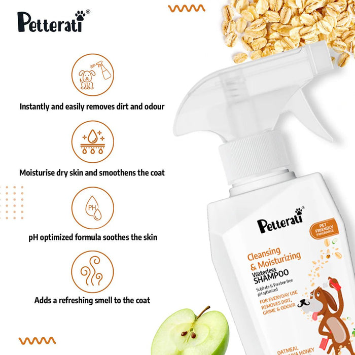 Petterati Cleansing & Moisturising Waterless Oatmeal Dog Shampoo - 400ml | Dry Bath for Dogs | Instant Dirt & Odor Removal | Ideal for Travel | pH Optimised - Cavinkart