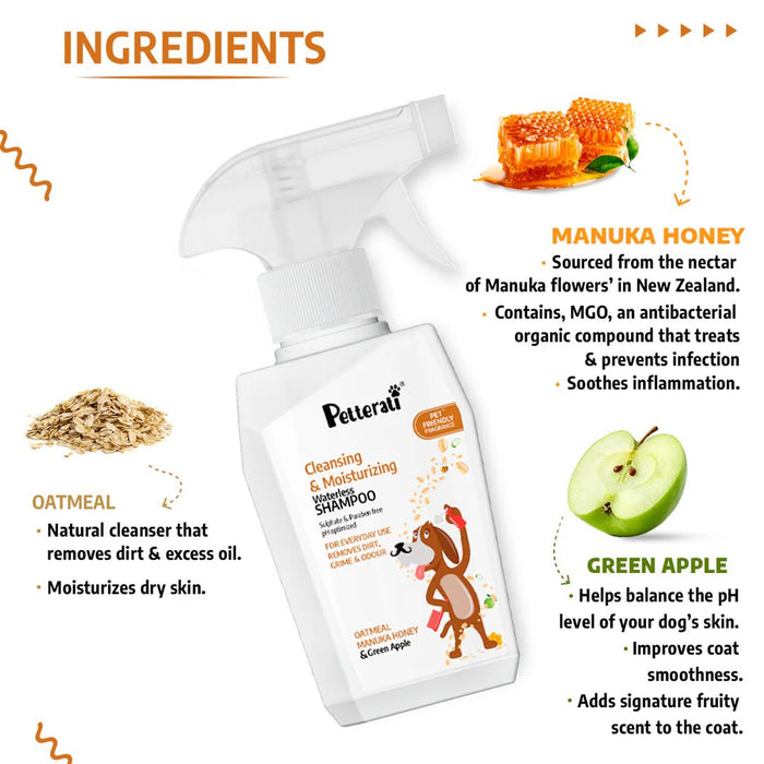 Petterati Cleansing & Moisturising Waterless Oatmeal Dog Shampoo - 400ml | Dry Bath for Dogs | Instant Dirt & Odor Removal | Ideal for Travel | pH Optimised - Cavinkart