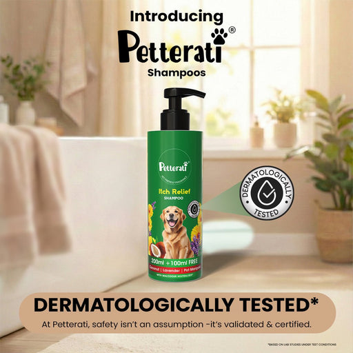 Petterati Itch Relief Dog Shampoo | Best Itch Relief Shampoo for Dogs | Soothes Itchy & Sensitive Skin | Malodour Neutraliser | pH Optimized | 200ml + 100ml Free - Cavinkart