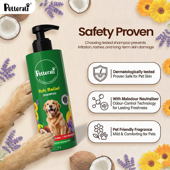 Petterati Itch Relief Dog Shampoo | With Goodness of Coconut, Lavender, Pot Marigold | Shampoo + Conditioner 1000ml Dermatologically Tested with Malodour Neutraliser and Pet Friendly Fragrance - Cavinkart