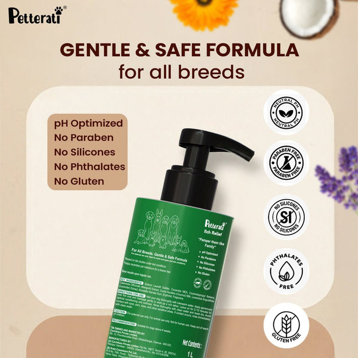 Petterati Itch Relief Dog Shampoo | With Goodness of Coconut, Lavender, Pot Marigold | Shampoo + Conditioner 1000ml Dermatologically Tested with Malodour Neutraliser and Pet Friendly Fragrance - Cavinkart