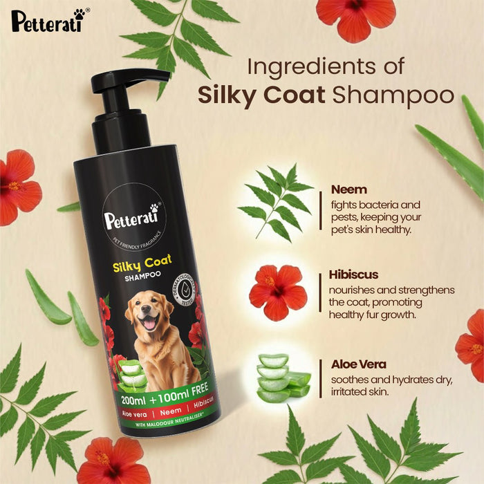 Petterati Silky Coat Dog Shampoo | Healthy, Shiny & Silky Fur | Malodour Neutraliser | Pet - Friendly Fragrance | 200ml + 100ml Free - Cavinkart