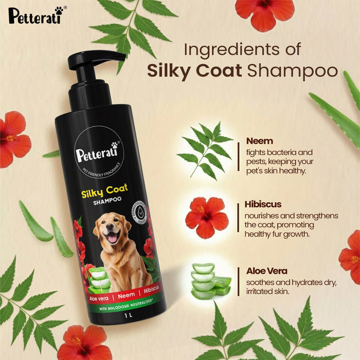 Petterati Silky Coat Dog Shampoo | Healthy, Shiny & Silky Fur | Malodour Neutraliser | pH Optimized | 1000ml - Cavinkart