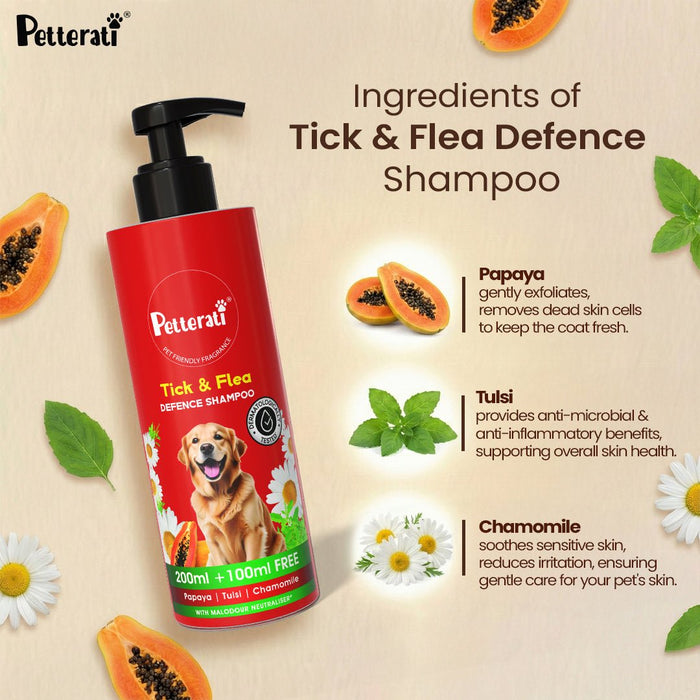 Petterati Tick & Flea Defence Dog Shampoo | Best Tick and Flea Shampoo for Dogs | Anti - Tick Care | Malodour Neutraliser | pH Optimized | 200ml + 100ml Free - Cavinkart