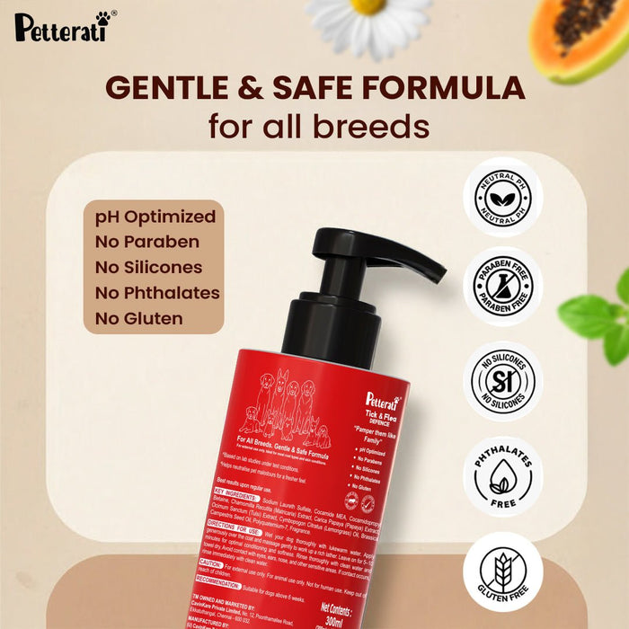 Petterati Tick & Flea Defence Dog Shampoo | Best Tick and Flea Shampoo for Dogs | Anti - Tick Care | Malodour Neutraliser | pH Optimized | 200ml + 100ml Free - Cavinkart