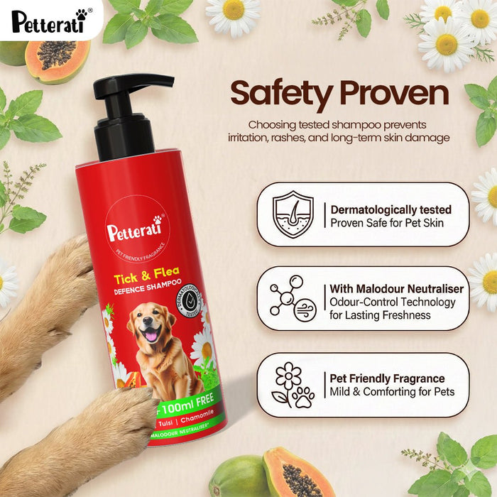 Petterati Tick & Flea Defence Dog Shampoo | Best Tick and Flea Shampoo for Dogs | Anti - Tick Care | Malodour Neutraliser | pH Optimized | 200ml + 100ml Free - Cavinkart