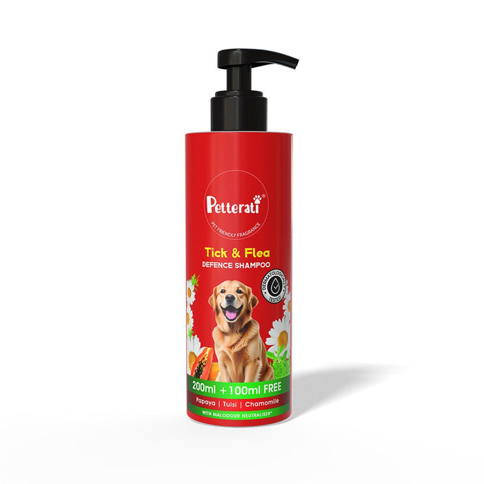 Petterati Tick & Flea Defence Dog Shampoo | Best Tick and Flea Shampoo for Dogs | Anti - Tick Care | Malodour Neutraliser | pH Optimized | 200ml + 100ml Free - Cavinkart
