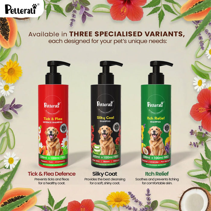 Petterati Tick & Flea Defence Dog Shampoo | Best Tick and Flea Shampoo for Dogs | Anti - Tick Care | Malodour Neutraliser | pH Optimized | 200ml + 100ml Free - Cavinkart