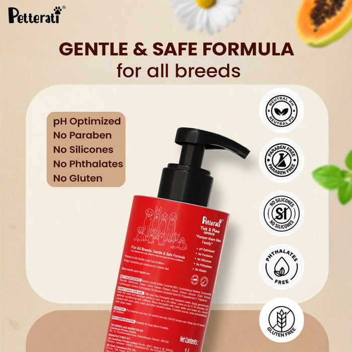 Petterati Tick & Flea Defence Dog Shampoo | With Goodness of Papaya, Tulsi, Chamomile | Shampoo + Conditioner 1000ml Dermatologically Tested with Malodour Neutraliser and Pet Friendly Fragrance - Cavinkart