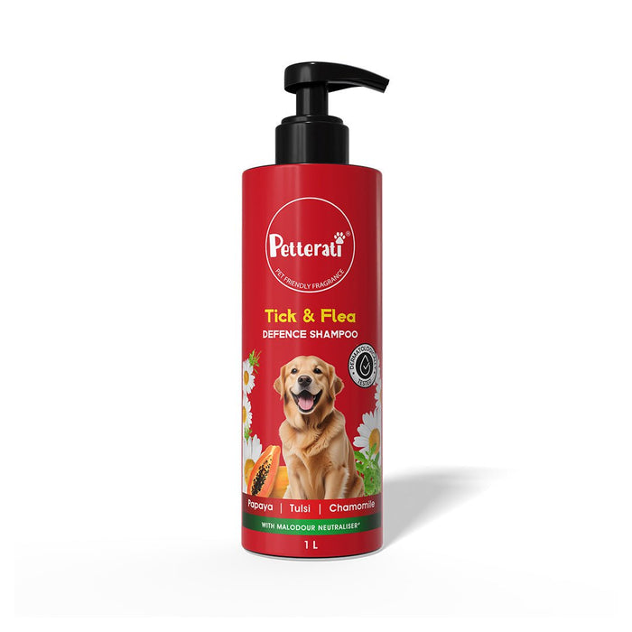 Petterati Tick & Flea Defence Dog Shampoo | With Goodness of Papaya, Tulsi, Chamomile | Shampoo + Conditioner 1000ml Dermatologically Tested with Malodour Neutraliser and Pet Friendly Fragrance - Cavinkart